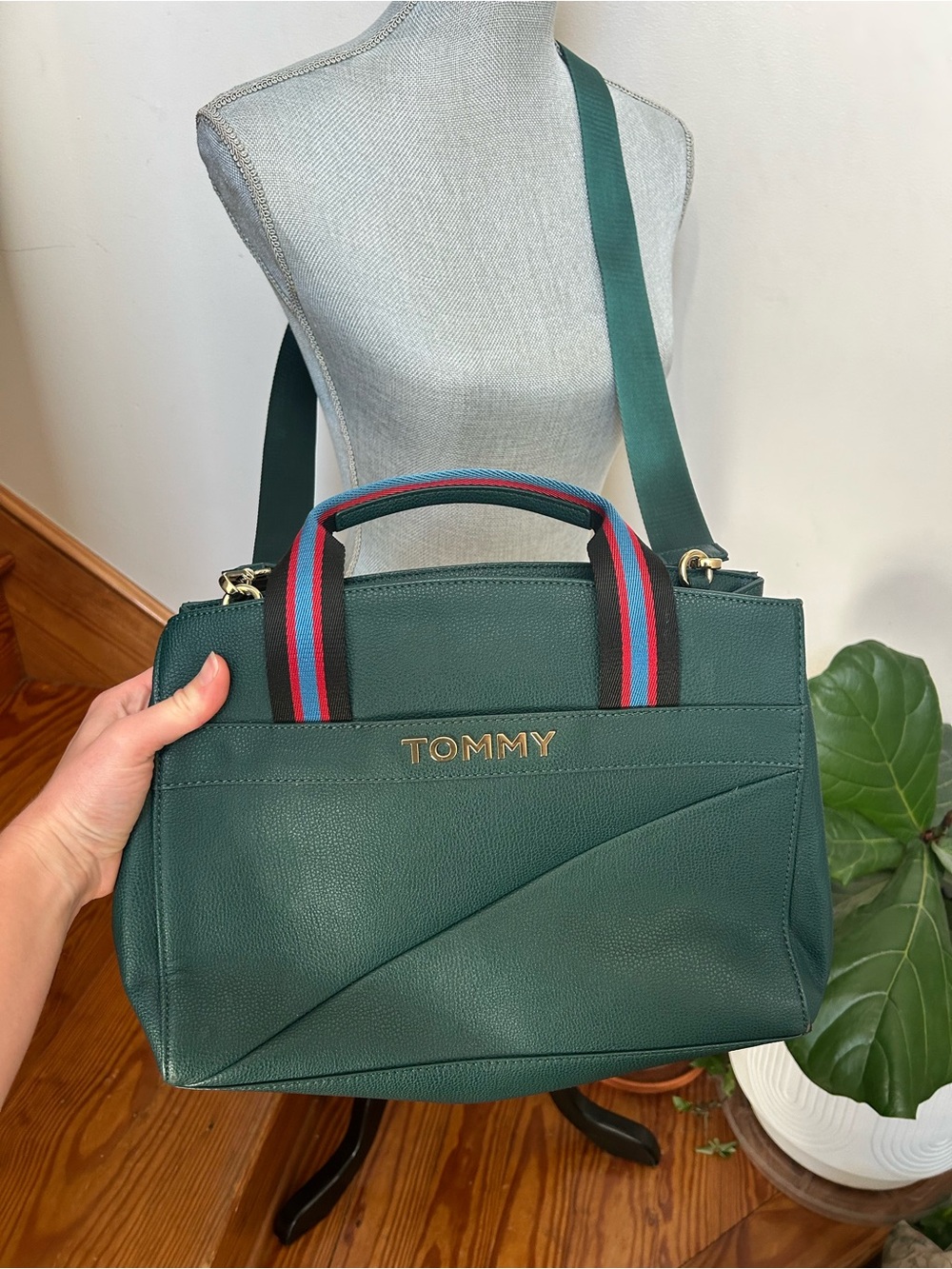 Tommy Hilfiger Dark Green Pebbled Leather Satchel with Striped Handles